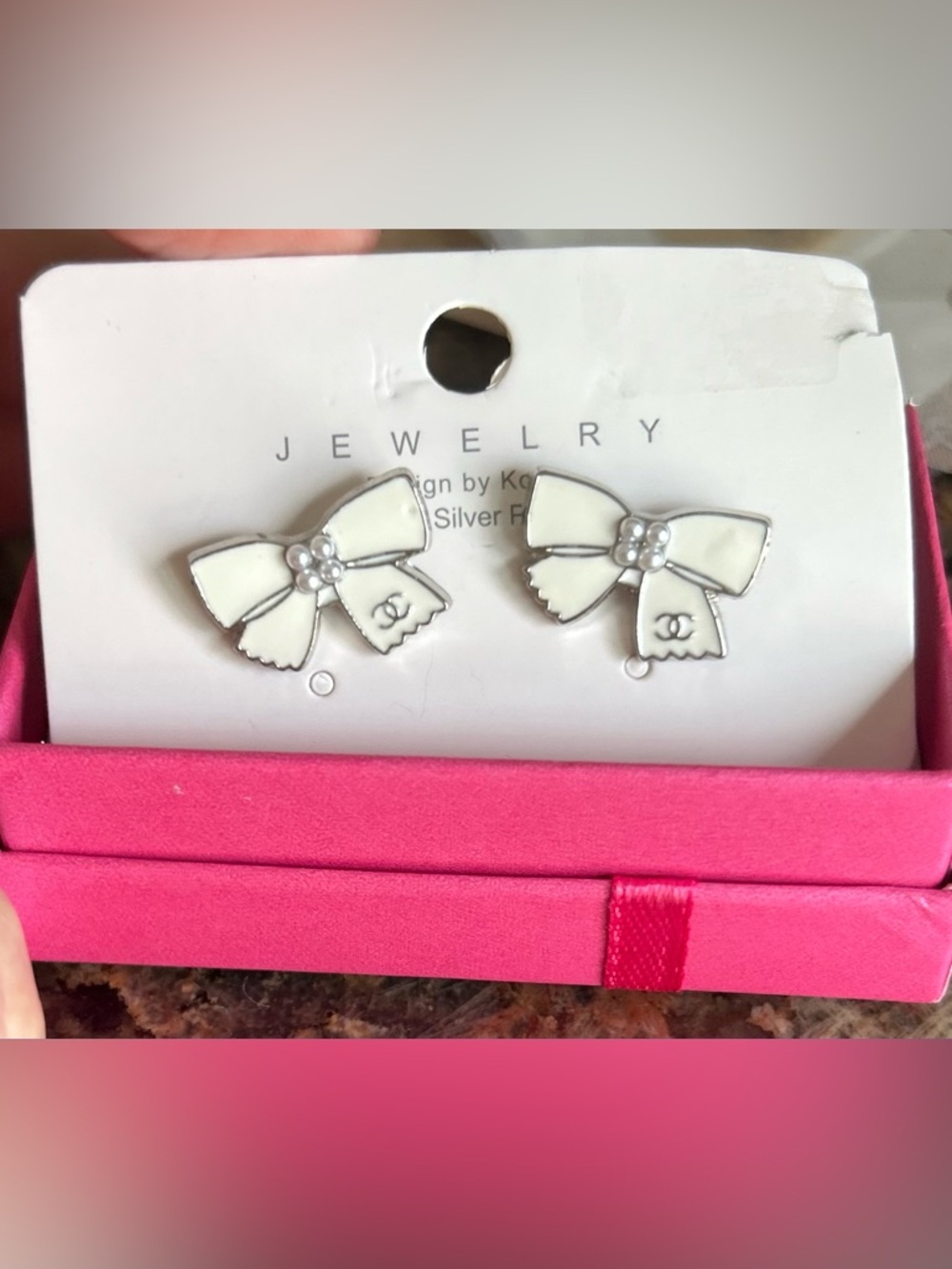 White Bow Inspired Stud Earrings with Pearl Accent, NEW